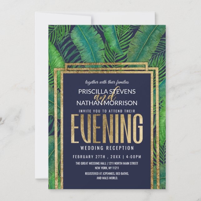Invitación Noche Azul de la Marina de Oro Tropical Palm Tree  (Anverso)