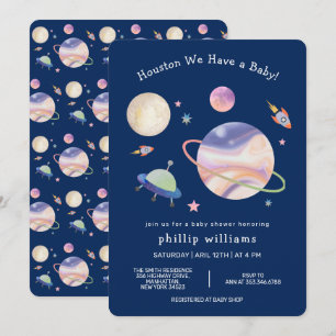 Invitación Noche Azul Galaxia Espacio Luna Estrella Baby Show