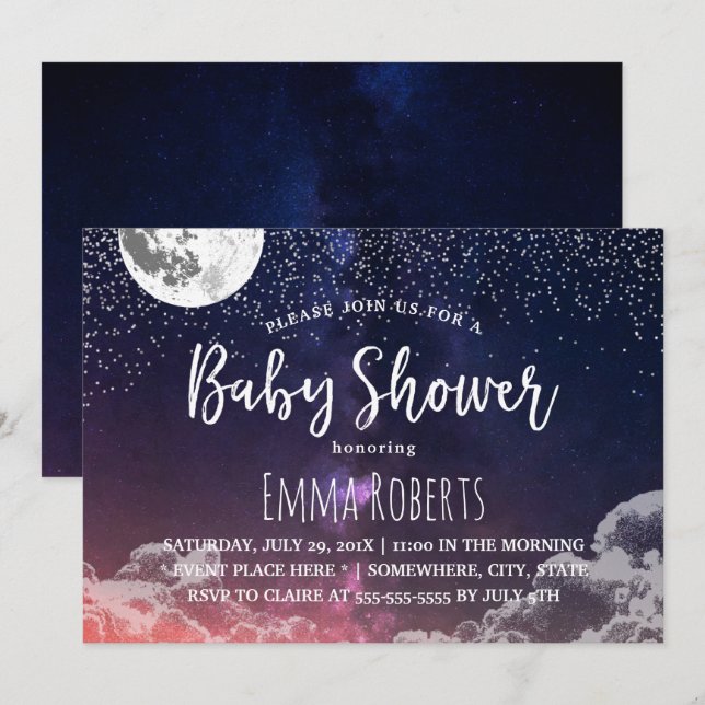 Invitación Noche Baby Shower Elegant Moon & Stars #2 (Anverso / Reverso)
