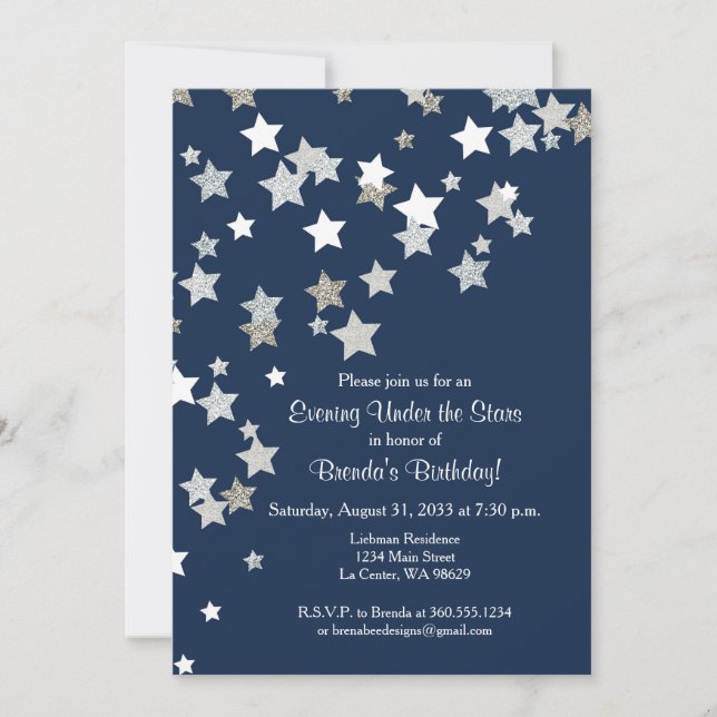 Invitación Noche bajo las estrellas con Purpurina plateado (Anverso)