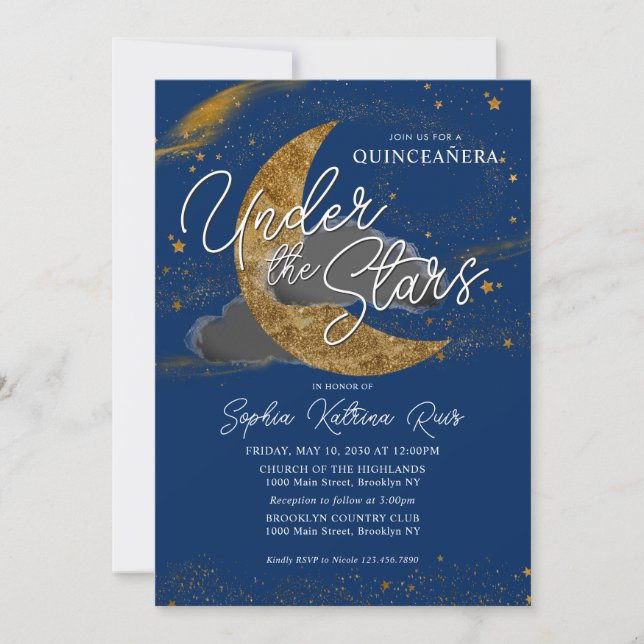 Invitación Noche bajo las estrellas Luna de Oro Azul Quincean (Anverso)