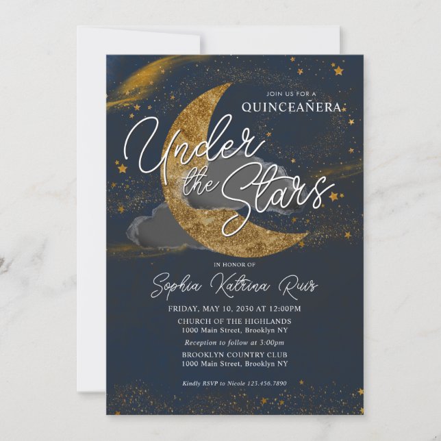 Invitación Noche bajo las estrellas Luna de Oro Azul Quincean (Anverso)