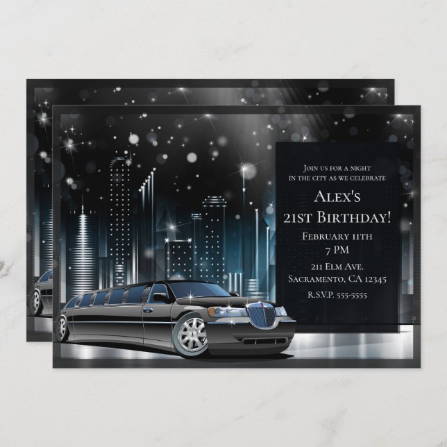 Invitación Noche Blue & Black Limo en la fiesta de cumpleaños (Anverso / Reverso)