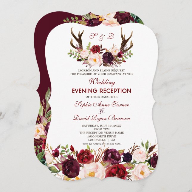 Invitación Noche Boda de los Antlers Florales de Borgoña Mars (Anverso / Reverso)