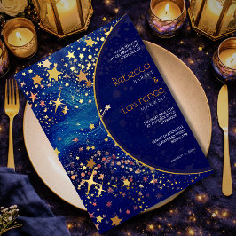Invitación Noche celestial mágica de boda dorada azul estrell