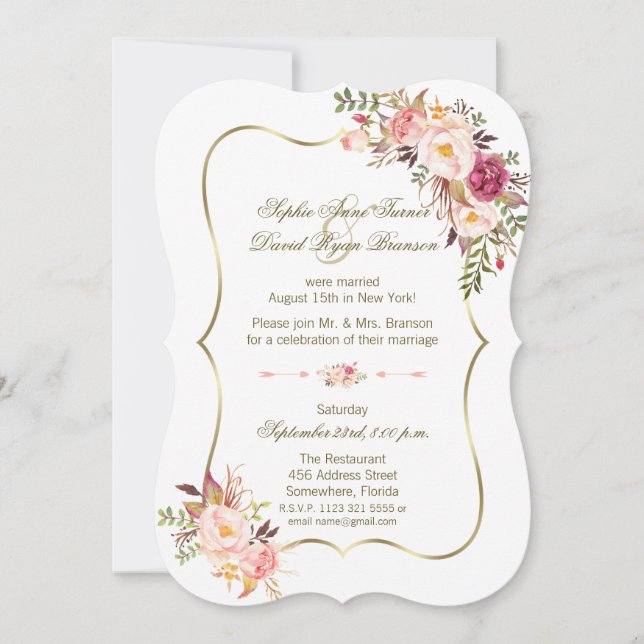 Invitación Noche Charm Gold Rubor Pink Floral Boda (Anverso)