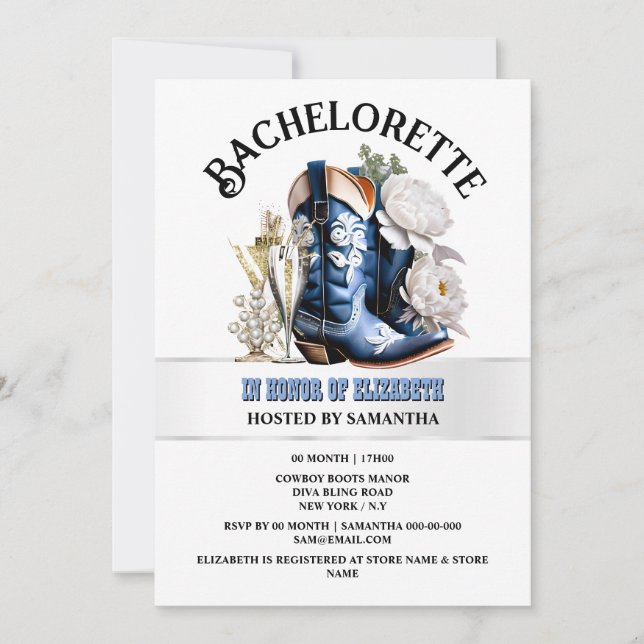 Invitación Noche chica botas occidentales azul marrón peonía  (Anverso)