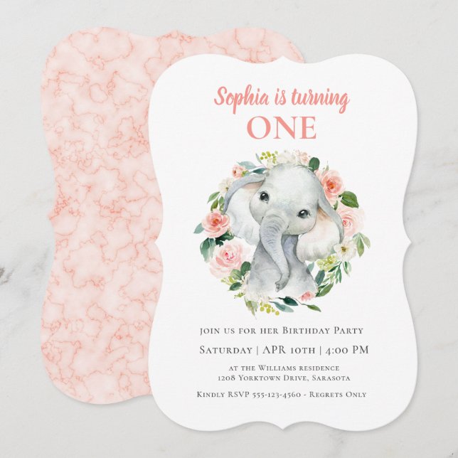 Invitación Noche Cute Baby Elephant Chica Primera Fiesta de C (Anverso / Reverso)