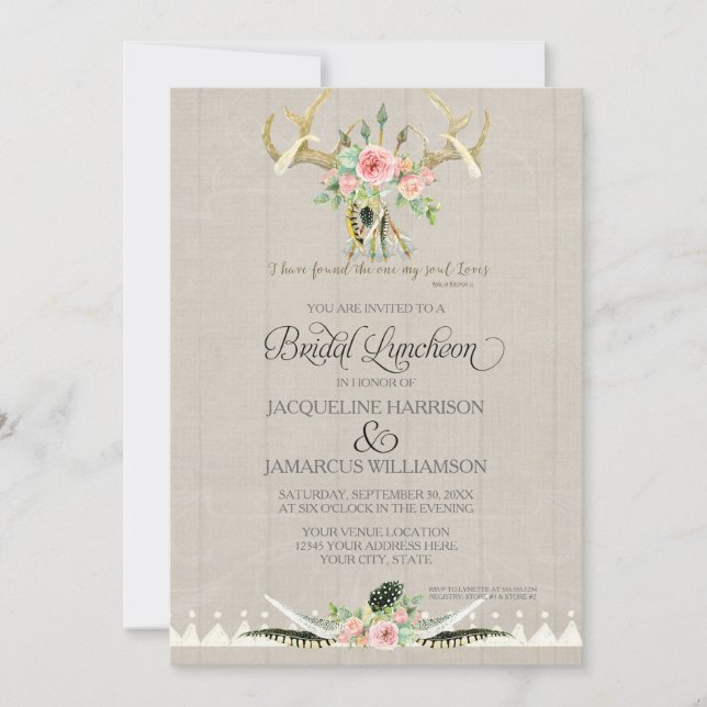Invitación Noche de almuerzo BOHO Feather Deer Antler Rosas A (Anverso)