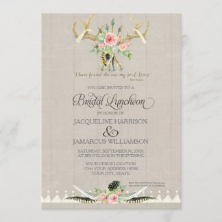 Invitación Noche de almuerzo BOHO Feather Deer Antler Rosas A