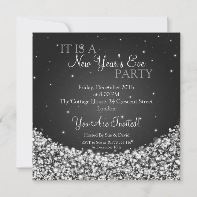 Invitación Noche de Año Nuevo Fiesta esparcen negro (Anverso)