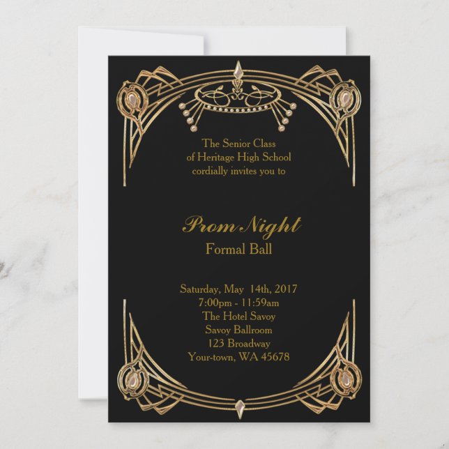 Invitación Noche de baile, bola formal, oro negro (Anverso)