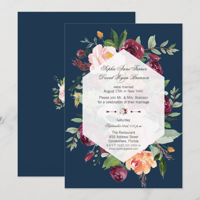 Invitación Noche de Boda azul de la Marina Floral de Rubor en (Anverso / Reverso)