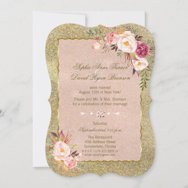 Invitación Noche de Boda Purpurina Rubor Floral Gold (Anverso)