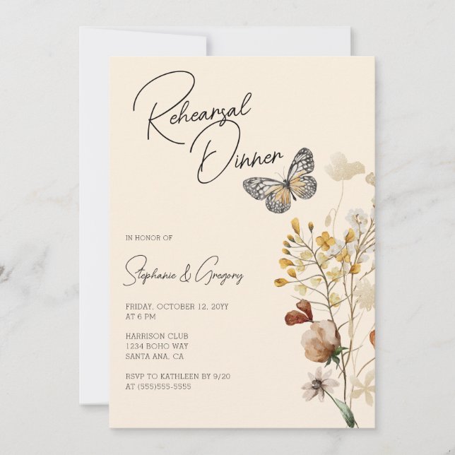 Invitación Noche de Boho Wildflower antes de la cena del ensa (Anverso)