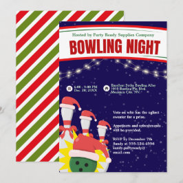 Invitación Noche de boliche navideño Santa Hats fondo azul