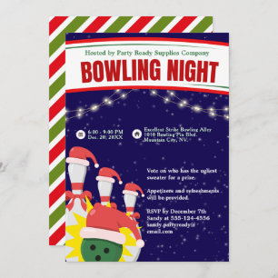 Invitación Noche de boliche navideño Santa Hats fondo azul