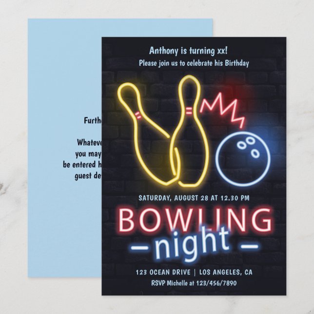 Invitación Noche de Bolos de Neón Fiesta de Cumpleaños (Anverso / Reverso)