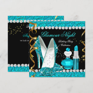 Invitación Noche de brillo glamour azul turquesa dorado negro