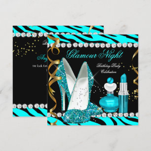 Invitación Noche de brillo glamour azul turquesa dorado negro