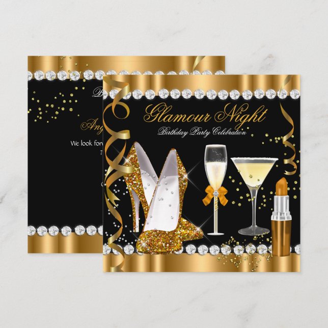 Invitación Noche de brillo glamour oro negro plata fiesta (Anverso / Reverso)
