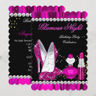 Invitación Noche de brillo glamour rosa profundo dorado negro