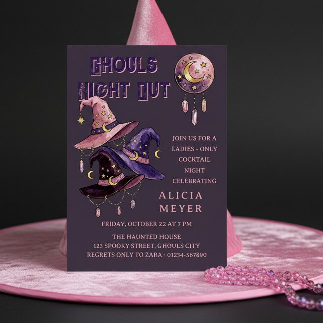 Invitación Noche de brujas Fiesta de brujas de Halloween (Ghouls Night Out halloween invite with celestial witches hats by Darling & May (printed or digital))