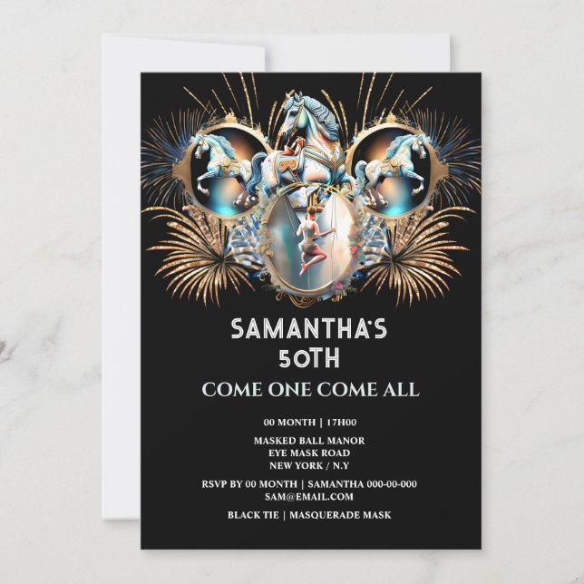 Invitación Noche de carnaval circo fuegos artificiales cumple (Anverso)