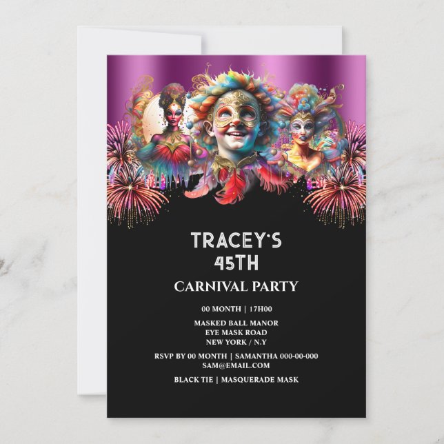 Invitación Noche de carnaval circo fuegos artificiales mascar (Anverso)