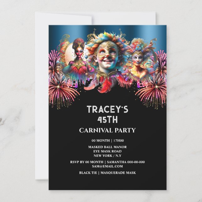 Invitación Noche de carnaval fuegos artificiales de circo más (Anverso)