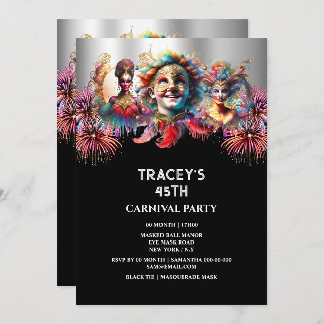 Invitación Noche de carnaval fuegos artificiales máscaras de  (Anverso / Reverso)