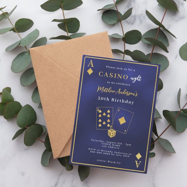 Invitación Noche de casino cumpleaños azul marino de oro (Subido por el creador)