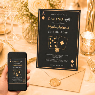 Invitación Noche de casino cumpleaños premium black gold