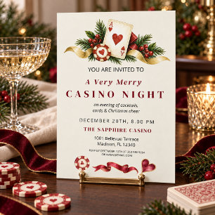 Invitación Noche de Casino de Navidad elegante en rojo y dora