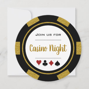 Invitación Noche de Casino Ficha de Poker Blanca Negra Dorada