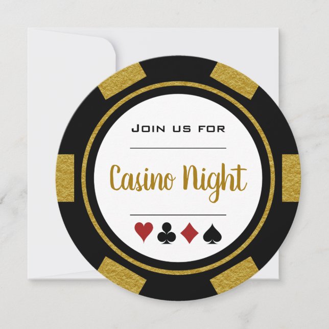 Invitación Noche de Casino Ficha de Poker Negra Blanca Dorada (Anverso)