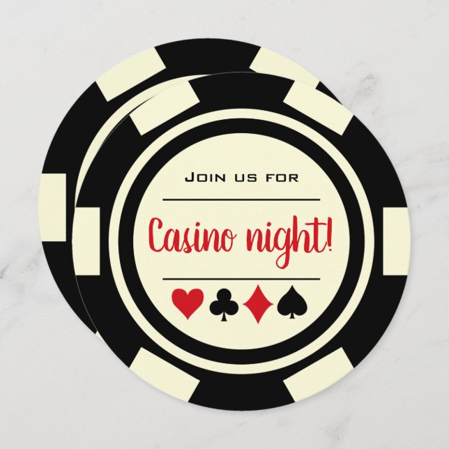 Invitación Noche de Casino Ficha de Poker Negra y Blanca (Anverso / Reverso)