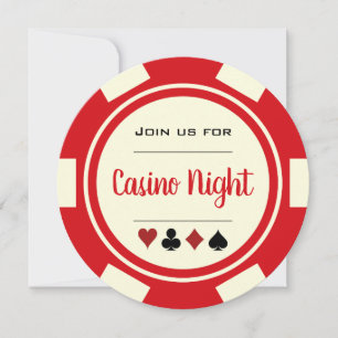 Invitación Noche de Casino Ficha de Poker Roja Crema Blanca