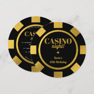 Invitación Noche de Casino Fichas de Poker Negras Doradas Cum
