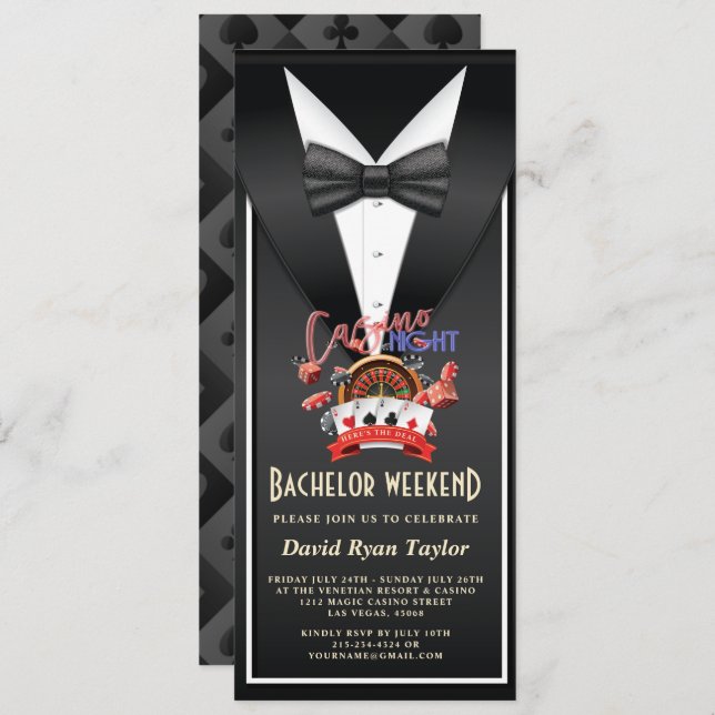 Invitación Noche de Casino Único Tuxedo Bachelend Weekend (Anverso / Reverso)