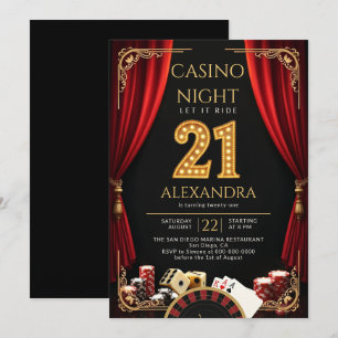 Invitación Noche de Casino Vegas Póquer Ruleta Cumpleaños 21