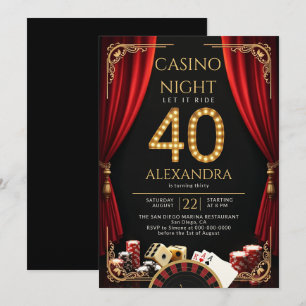 Invitación Noche de Casino Vegas Póquer Ruleta Cumpleaños 40