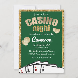 Invitación Noche de Casino Verde Diamantes de Oro Fiesta