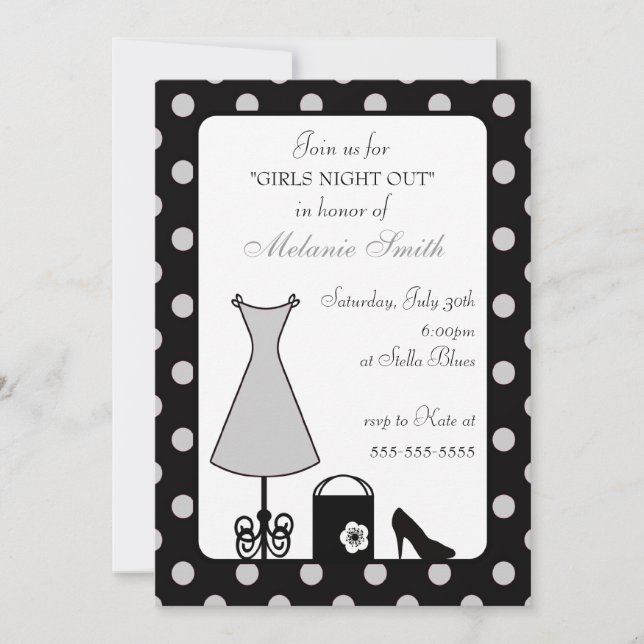 Invitación Noche de Chica de Punto de Polka Plata Negra (Anverso)