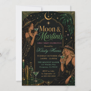 Invitación Noche de chicas de Halloween con luna y martinis