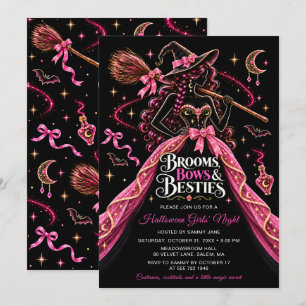 Invitación Noche de chicas de Halloween de escobas, lazos y a