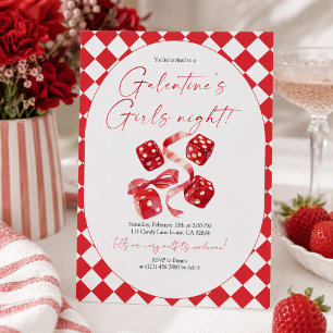 Invitación Noche de chicas Galentine’s con dados rojos y cint