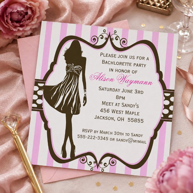 Invitación Noche de Chicas Rayas Rosadas Despedida de Soltera (Girls Night Out Pink Stripes Bachelorette Party Invitation)