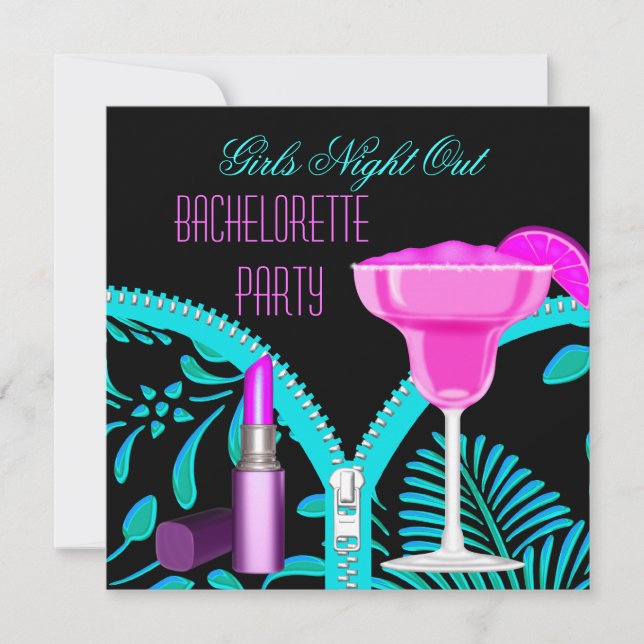 Invitación Noche de chicas soltera Azul turquesa Rosa calient (Anverso)
