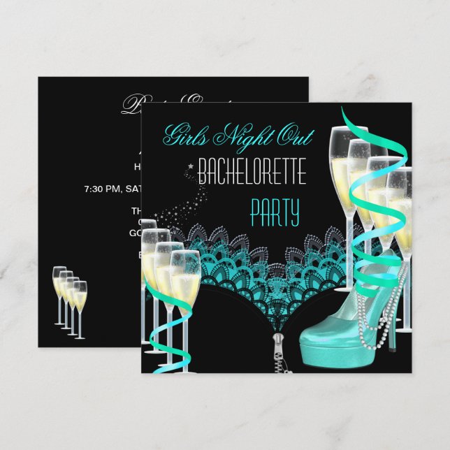 Invitación Noche de chicas soltera Teal Blue Champagne (Anverso / Reverso)